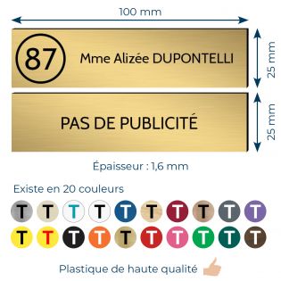 Plaque nom et numéro + Plaque Stop Pub pour boite aux lettres format 100x25mm or brossé lettres noires - 2 lignes