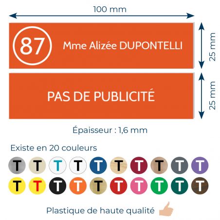 Plaque nom et numéro + Plaque Stop Pub pour boite aux lettres format 100x25mm orange lettres blanches - 3 lignes