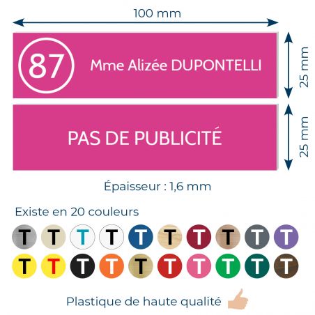 Plaque nom et numéro + Plaque Stop Pub pour boite aux lettres format 100x25mm rose lettres blanches - 3 lignes
