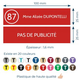 Plaque nom et numéro + Plaque Stop Pub pour boite aux lettres format 100x25mm rouge lettres blanches - 3 lignes