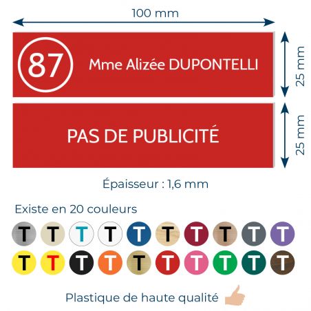 Plaque nom et numéro + Plaque Stop Pub pour boite aux lettres format 100x25mm rouge lettres blanches - 3 lignes