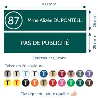 Plaque nom et numéro + Plaque Stop Pub pour boite aux lettres format 100x25mm vert foncé lettres blanches 3 lignes