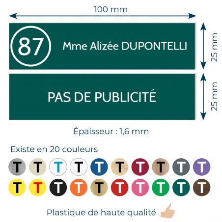 Plaque nom et numéro + Plaque Stop Pub pour boite aux lettres format 100x25mm vert foncé lettres blanches 3 lignes