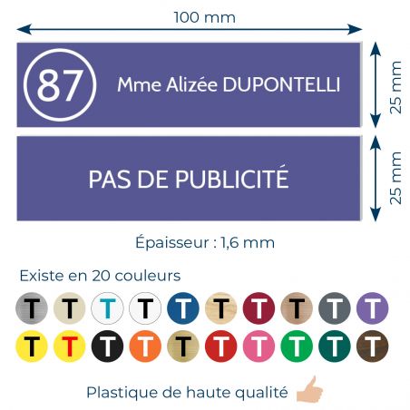 Plaque nom et numéro + Plaque Stop Pub pour boite aux lettres format 100x25mm violette lettres blanches - 2 lignes