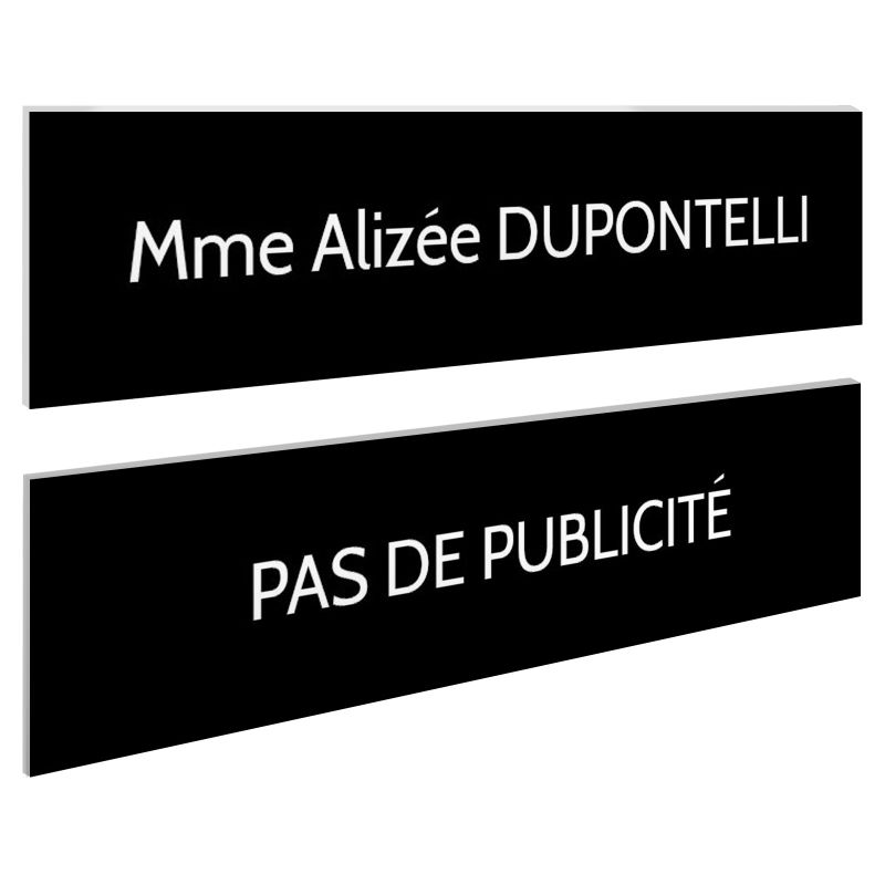 Plaque boite aux lettres personnalisable - Lot de 2 plaques : plaque nom + stop pub – Plaque boite aux lettres adhésive 100 x 25 Plaque boite aux lettres personnalisable - Lot de 2 plaques : plaque nom + stop pub – Plaque boite aux lettres adhésive 100 x 25