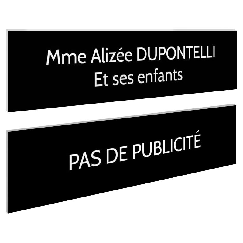 Plaque boite aux lettres personnalisable - Lot de 2 plaques : plaque nom + stop pub – Plaque boite aux lettres adhésive 100 x 25 Plaque boite aux lettres personnalisable - Lot de 2 plaques : plaque nom + stop pub – Plaque boite aux lettres adhésive 100 x 25
