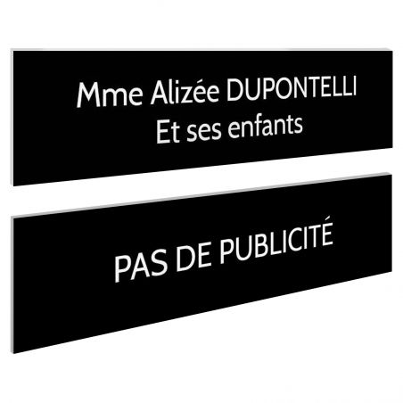 Plaque boite aux lettres personnalisable - Lot de 2 plaques : plaque nom + stop pub – Plaque boite aux lettres adhésive 100 x 25