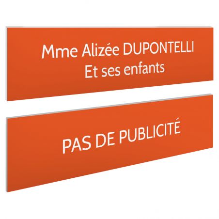 Plaque boite aux lettres personnalisable - Lot de 2 plaques : plaque nom + stop pub – Plaque boite aux lettres adhésive 100 x 25