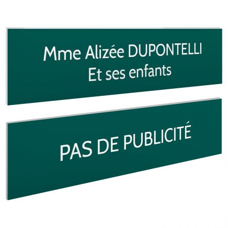 Plaque boite aux lettres personnalisable - Lot de 2 plaques : plaque nom + stop pub – Plaque boite aux lettres adhésive 100 x 25