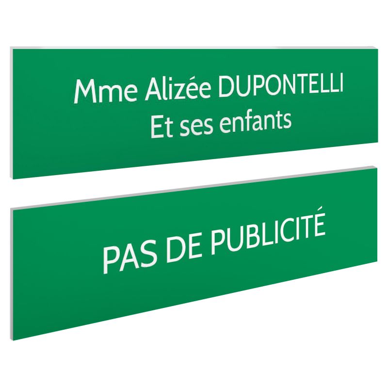 Plaque boite aux lettres personnalisable - Lot de 2 plaques : plaque nom + stop pub – Plaque boite aux lettres adhésive 100 x 25 Plaque boite aux lettres personnalisable - Lot de 2 plaques : plaque nom + stop pub – Plaque boite aux lettres adhésive 100 x 25