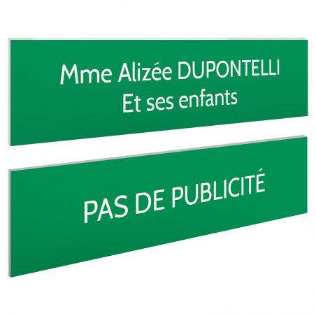 Plaque boite aux lettres personnalisable - Lot de 2 plaques : plaque nom + stop pub – Plaque boite aux lettres adhésive 100 x 25