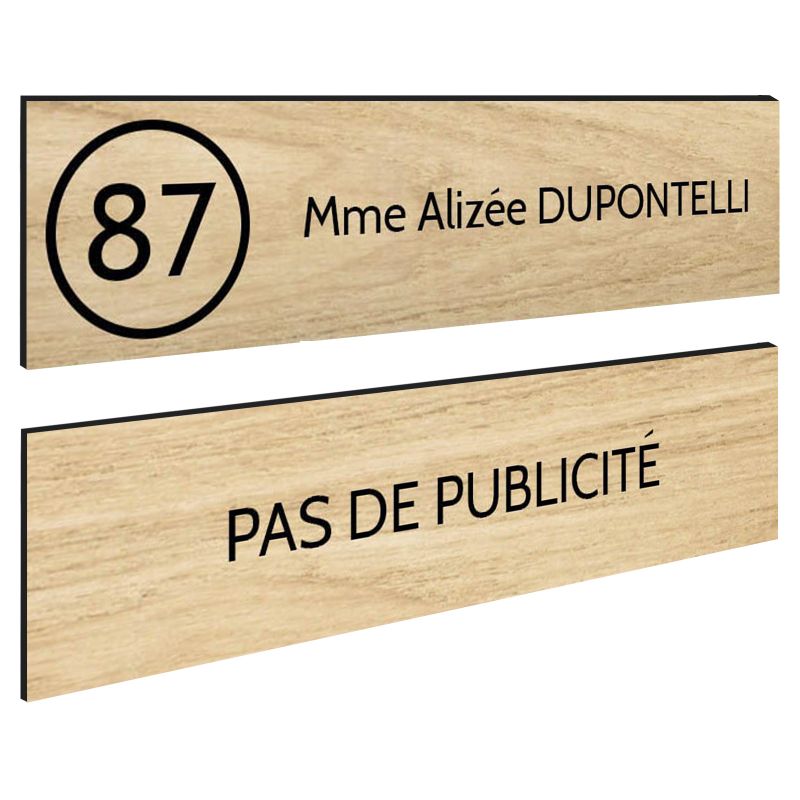 Plaque nom et numéro + Plaque Stop Pub boite aux lettres format 100x25mmeffet bois clair lettres noires - 1 ligne Plaque nom et numéro + Plaque Stop Pub boite aux lettres format 100x25mmeffet bois clair lettres noires - 1 ligne