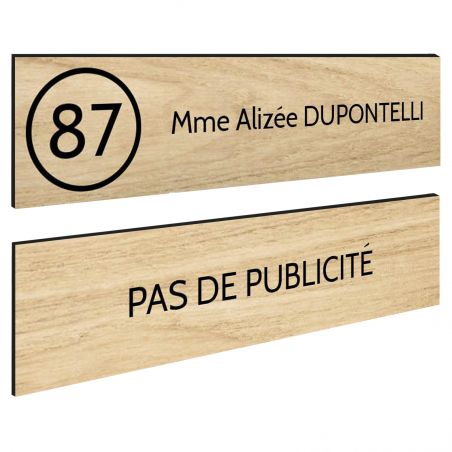 Plaque nom et numéro + Plaque Stop Pub boite aux lettres format 100x25mmeffet bois clair lettres noires - 1 ligne