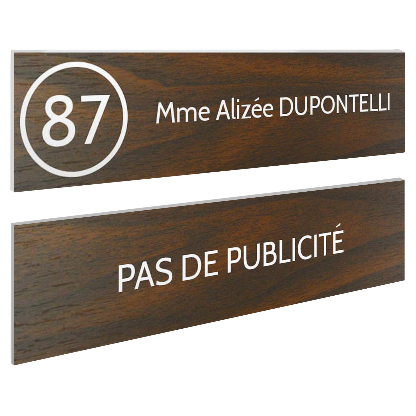 Plaque nom et numéro + Plaque Stop Pub boite aux lettres format 100x25mm effet bois foncé lettres blanches - 1 ligne