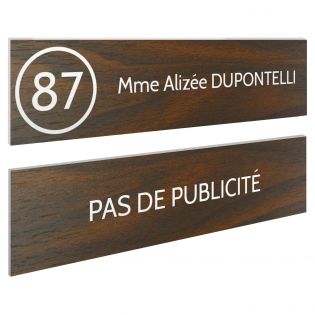Plaque nom et numéro + Plaque Stop Pub boite aux lettres format 100x25mm effet bois foncé lettres blanches - 1 ligne