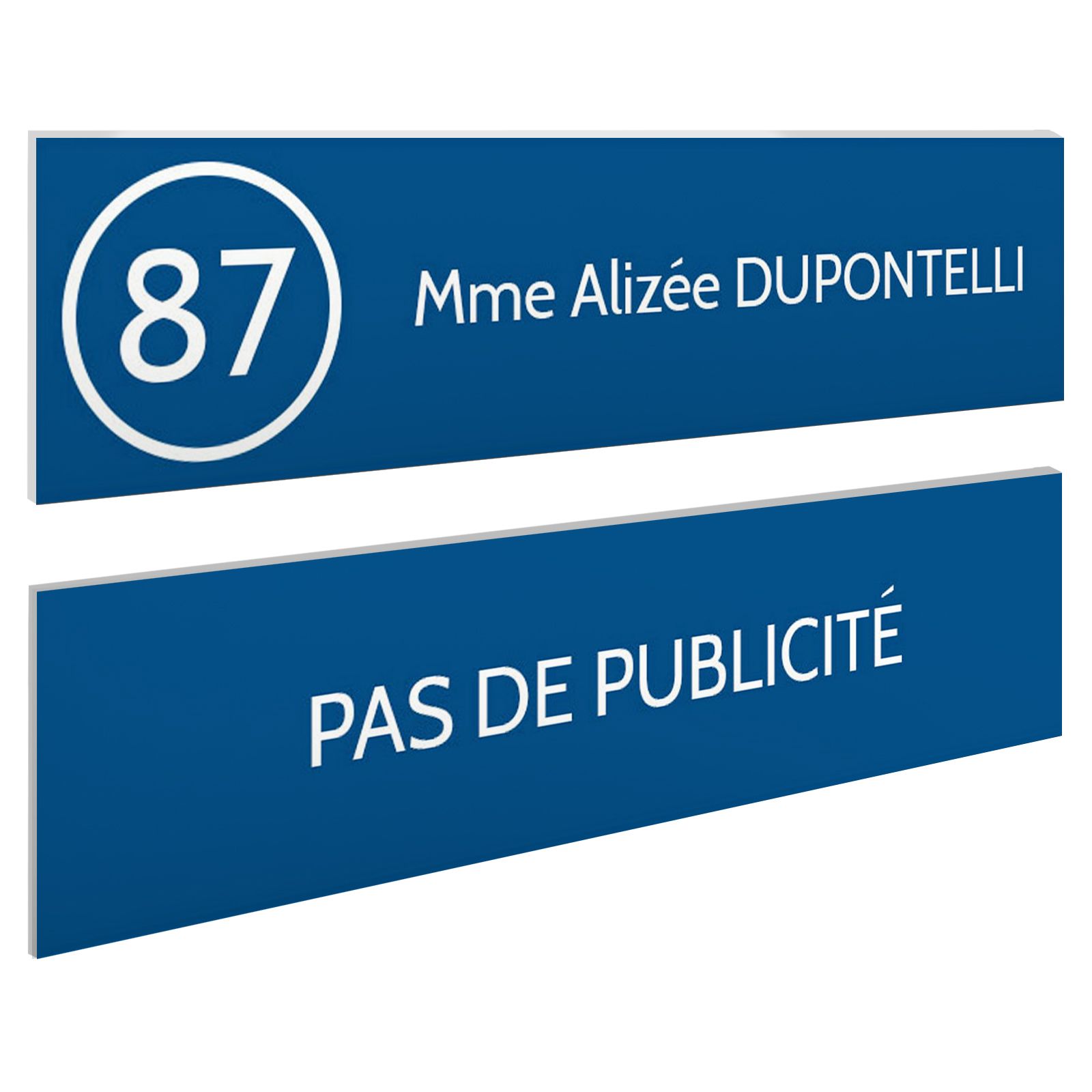 Plaque nom et numéro + Plaque Stop Pub pour boite aux lettres format 100x25mm bleue lettres blanches - 1 ligne