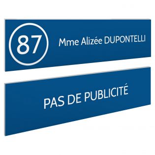Plaque nom et numéro + Plaque Stop Pub pour boite aux lettres format 100x25mm bleue lettres blanches - 1 ligne