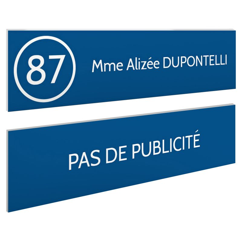 Plaque nom et numéro + Plaque Stop Pub pour boite aux lettres format 100x25mm bleue lettres blanches - 1 ligne Plaque nom et numéro + Plaque Stop Pub pour boite aux lettres format 100x25mm bleue lettres blanches - 1 ligne