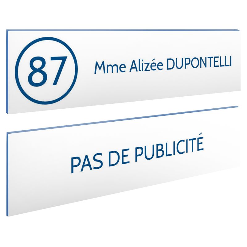 Plaque nom et numéro + Plaque Stop Pub pour boite aux lettres format 100x25mm blanche lettres bleues - 1 ligne Plaque nom et numéro + Plaque Stop Pub pour boite aux lettres format 100x25mm blanche lettres bleues - 1 ligne