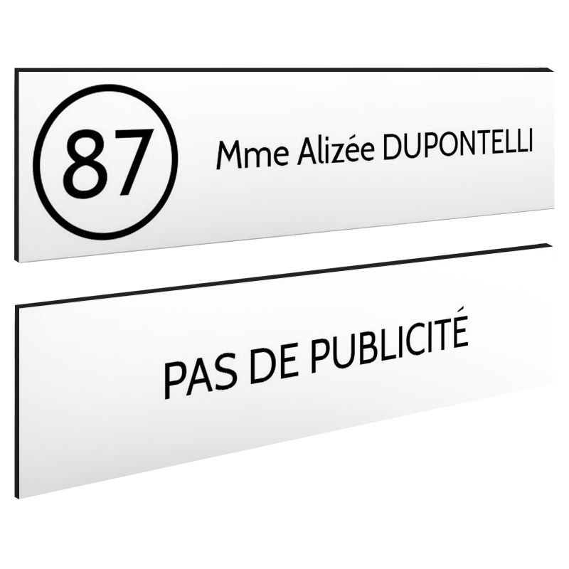 Plaque nom et numéro + Plaque Stop Pub pour boite aux lettres format 100x25mm blanche lettres noires - 1 ligne Plaque nom et numéro + Plaque Stop Pub pour boite aux lettres format 100x25mm blanche lettres noires - 1 ligne