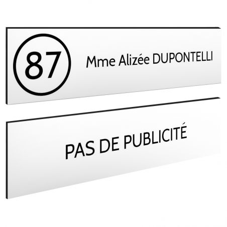 Plaque nom et numéro + Plaque Stop Pub pour boite aux lettres format 100x25mm blanche lettres noires - 1 ligne
