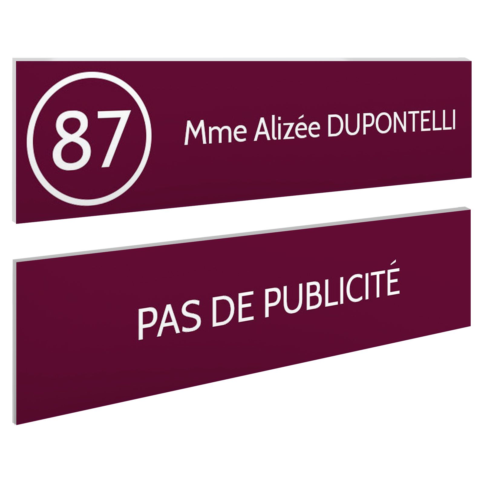 Plaque nom et numéro + Plaque Stop Pub pour boite aux lettres format 100x25mm bordeaux lettres blanches - 1 ligne