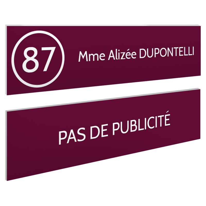 Plaque nom et numéro + Plaque Stop Pub pour boite aux lettres format 100x25mm bordeaux lettres blanches - 1 ligne Plaque nom et numéro + Plaque Stop Pub pour boite aux lettres format 100x25mm bordeaux lettres blanches - 1 ligne