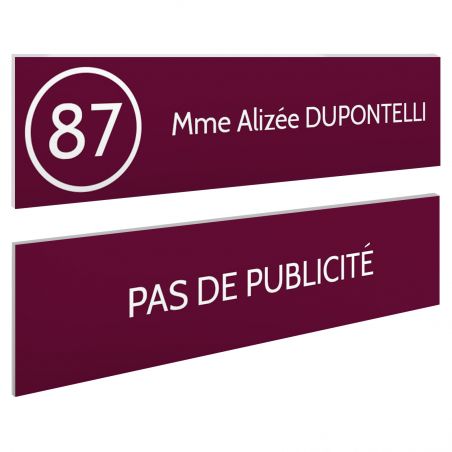 Plaque nom et numéro + Plaque Stop Pub pour boite aux lettres format 100x25mm bordeaux lettres blanches - 1 ligne