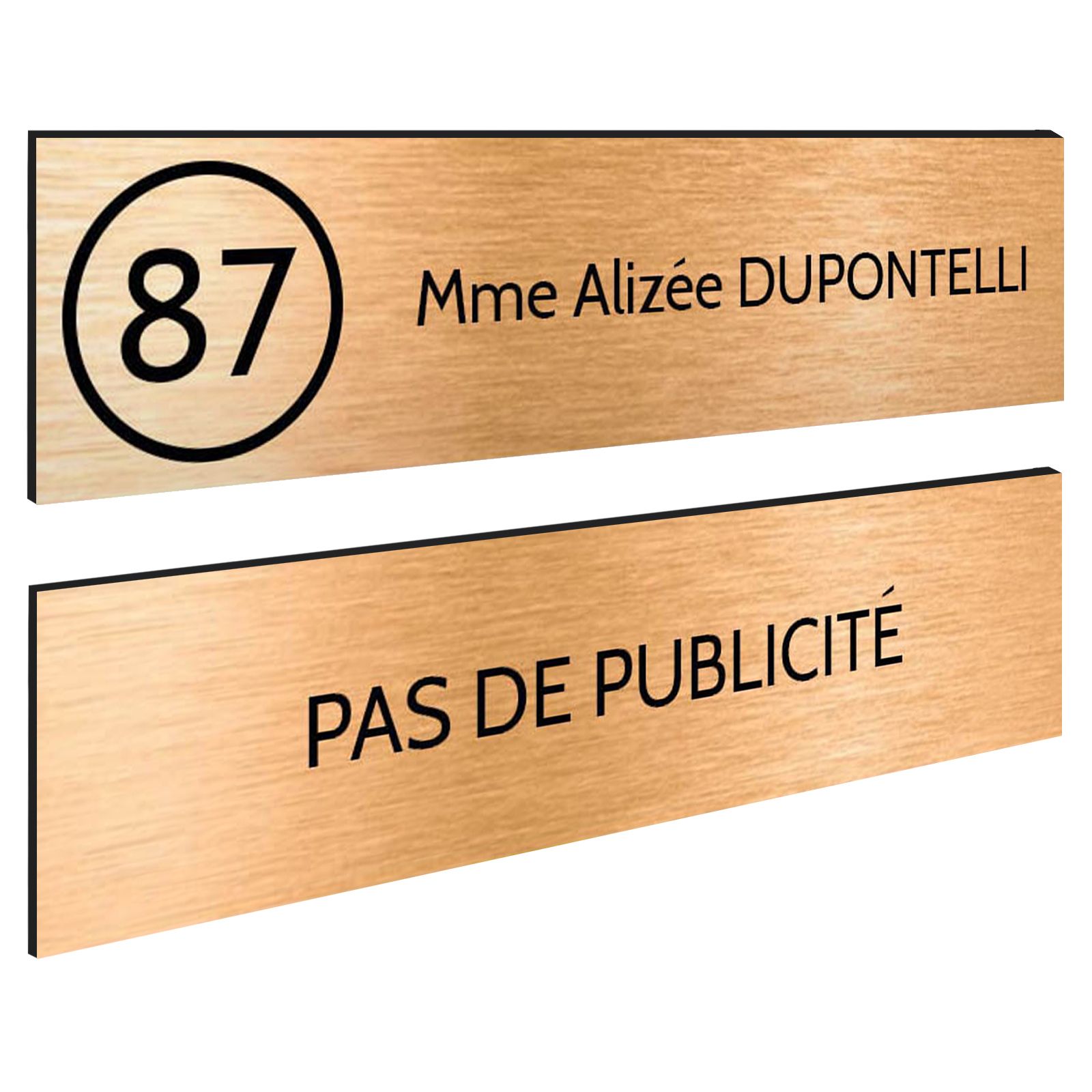 Plaque nom et numéro + Plaque Stop Pub pour boite aux lettres format 100x25mm cuivre lettres noires - 1 ligne