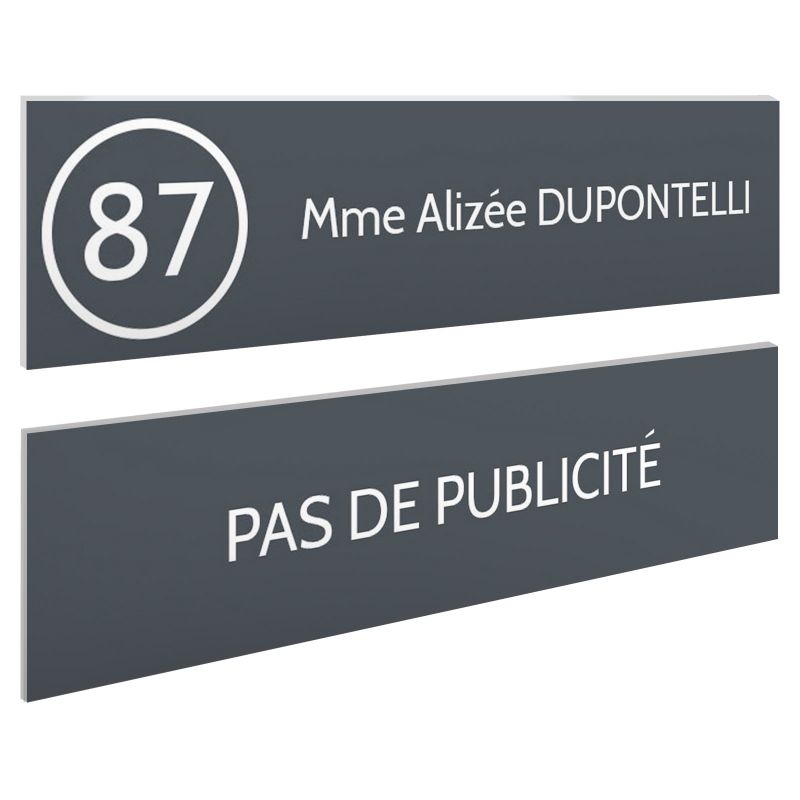 Plaque nom et numéro + Plaque Stop Pub pour boite aux lettres format 100x25mm grise lettres blanches - 1 ligne Plaque nom et numéro + Plaque Stop Pub pour boite aux lettres format 100x25mm grise lettres blanches - 1 ligne