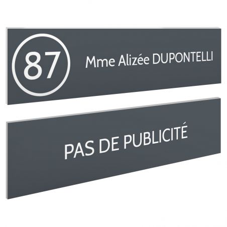 Plaque nom et numéro + Plaque Stop Pub pour boite aux lettres format 100x25mm grise lettres blanches - 1 ligne