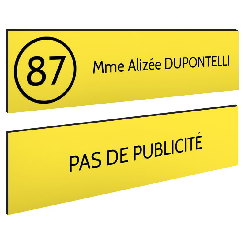Plaque nom et numéro + Plaque Stop Pub pour boite aux lettres format 100x25mm jaune lettres noires - 1 ligne Plaque nom et numéro + Plaque Stop Pub pour boite aux lettres format 100x25mm jaune lettres noires - 1 ligne