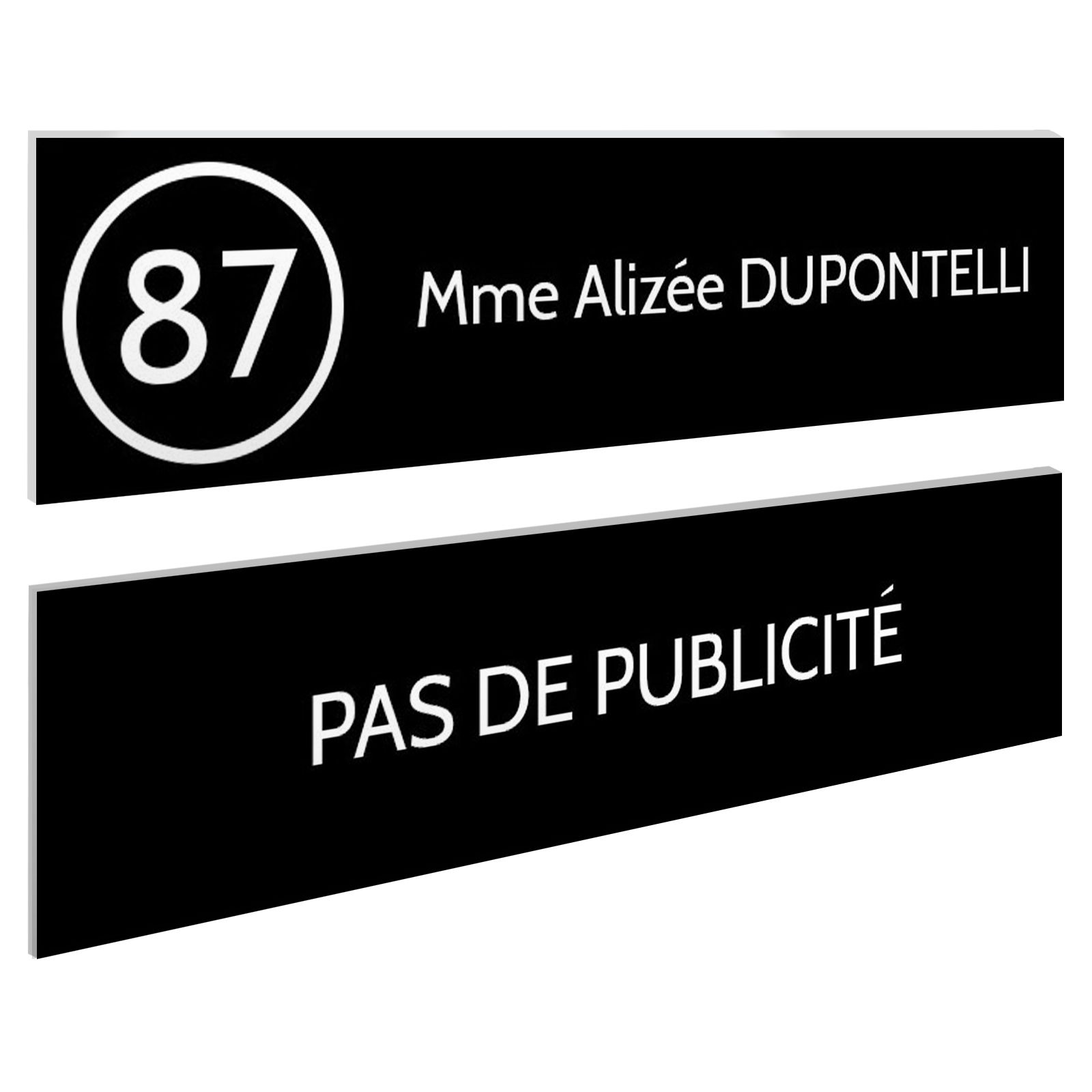 Plaque nom et numéro + Plaque STOP PUB pour boite aux lettres format 100x25mm noire lettres blanches - 1 ligne