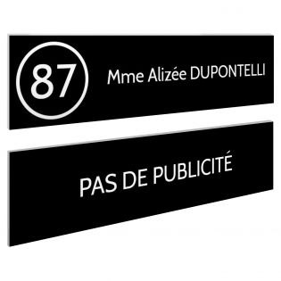 Plaque nom et numéro + Plaque STOP PUB pour boite aux lettres format 100x25mm noire lettres blanches - 1 ligne