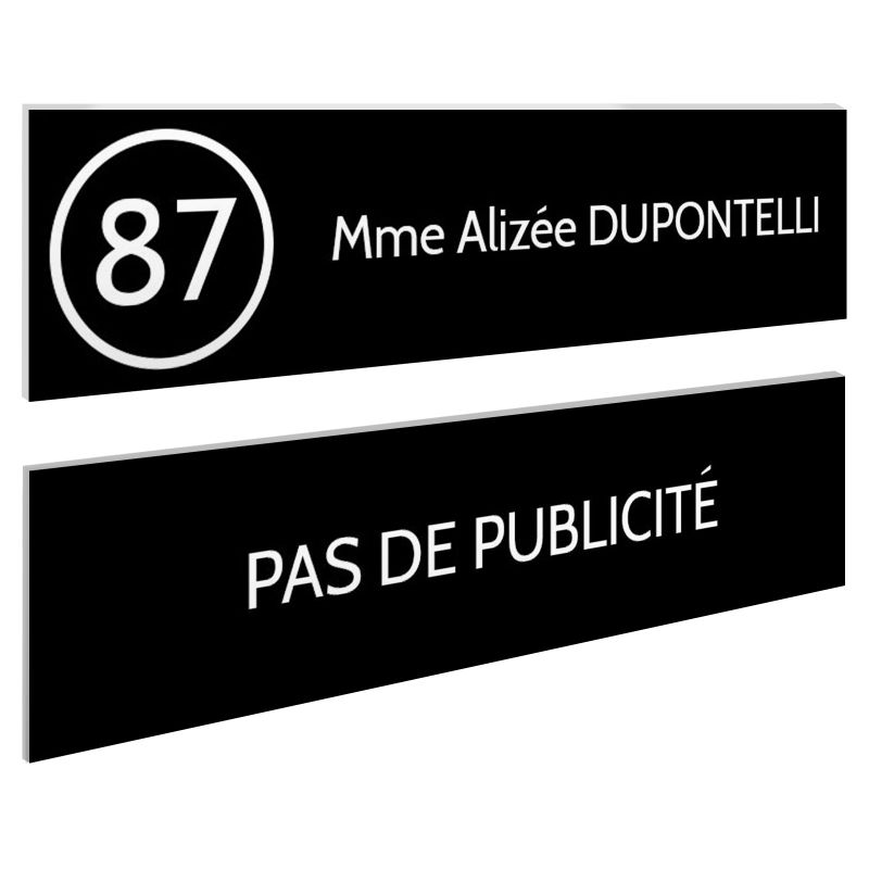 Plaque nom et numéro + Plaque STOP PUB pour boite aux lettres format 100x25mm noire lettres blanches - 1 ligne Plaque nom et numéro + Plaque STOP PUB pour boite aux lettres format 100x25mm noire lettres blanches - 1 ligne