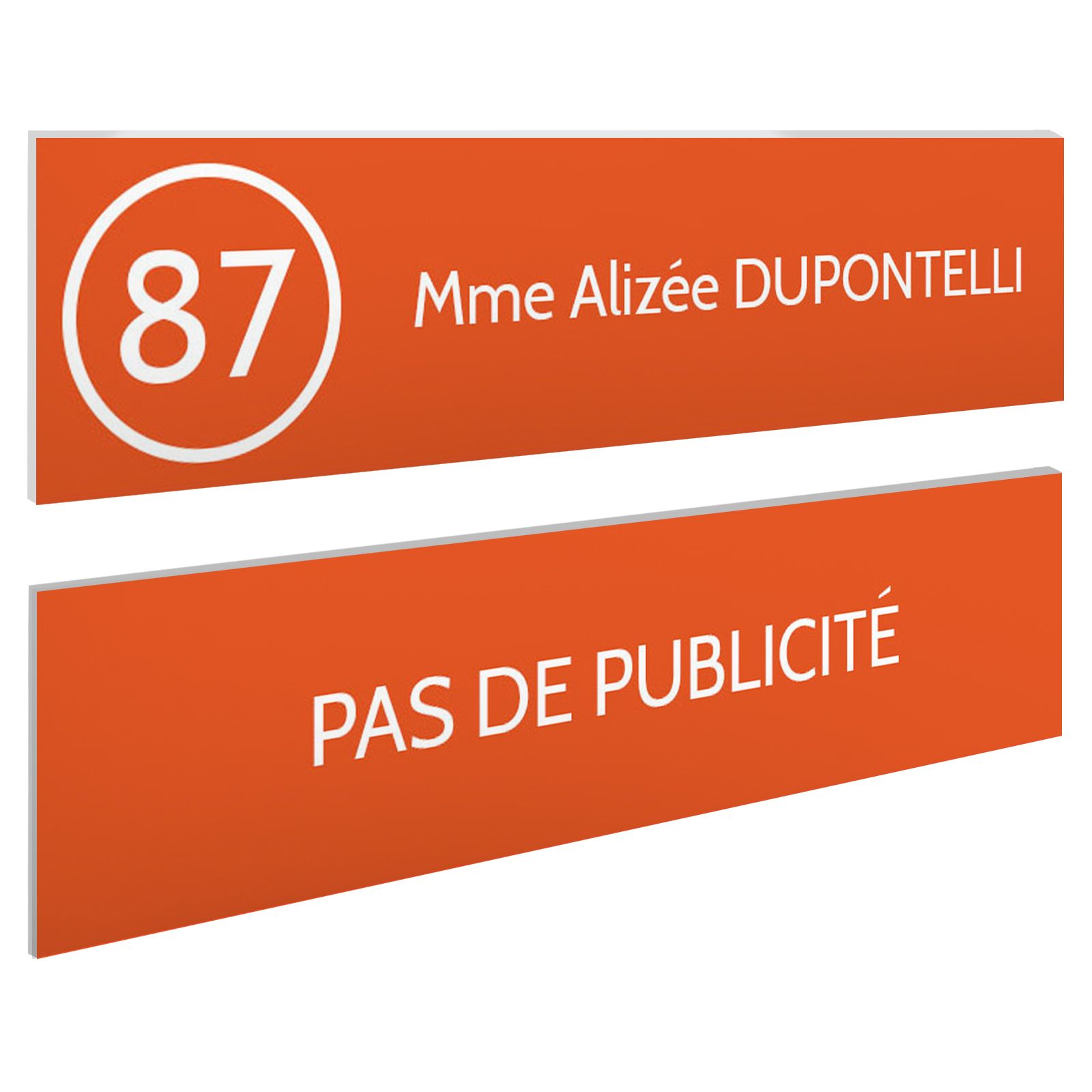 Plaque nom et numéro + Plaque Stop Pub pour boite aux lettres format 100x25mm orange lettres blanches - 1 ligne