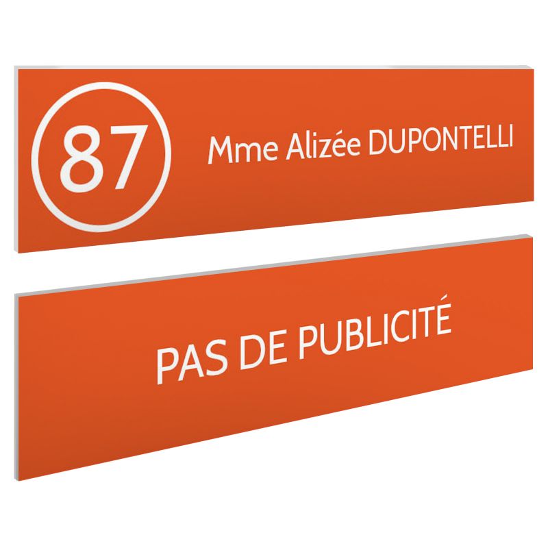 Plaque nom et numéro + Plaque Stop Pub pour boite aux lettres format 100x25mm orange lettres blanches - 1 ligne Plaque nom et numéro + Plaque Stop Pub pour boite aux lettres format 100x25mm orange lettres blanches - 1 ligne