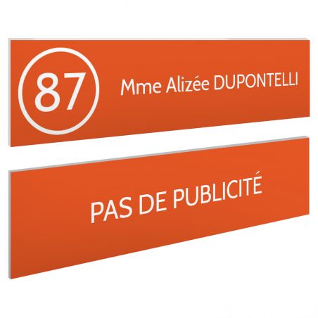Plaque nom et numéro + Plaque Stop Pub pour boite aux lettres format 100x25mm orange lettres blanches - 1 ligne