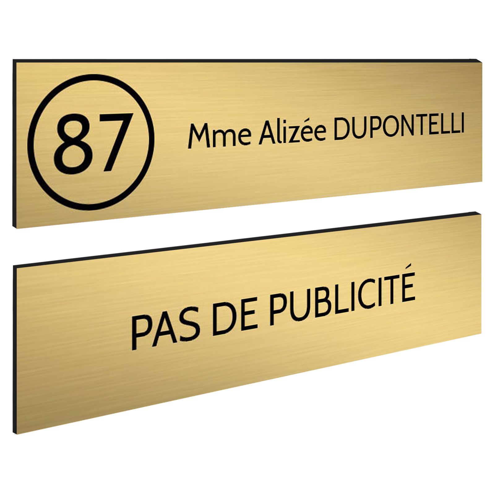 Plaque nom et numéro + Plaque Stop Pub pour boite aux lettres format 100x25mm or brossé lettres noires - 1 ligne