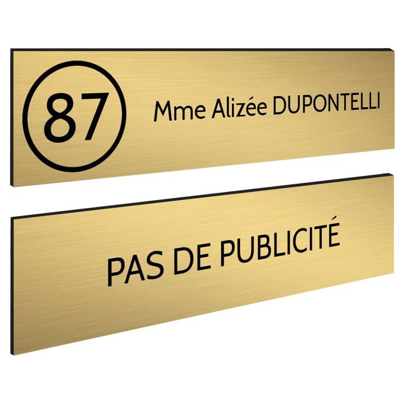 Plaque nom et numéro + Plaque Stop Pub pour boite aux lettres format 100x25mm or brossé lettres noires - 1 ligne Plaque nom et numéro + Plaque Stop Pub pour boite aux lettres format 100x25mm or brossé lettres noires - 1 ligne
