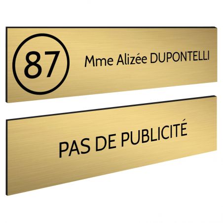 Plaque nom et numéro + Plaque Stop Pub pour boite aux lettres format 100x25mm or brossé lettres noires - 1 ligne