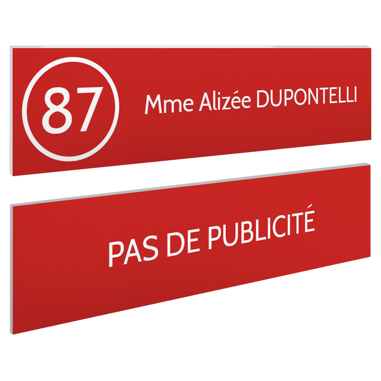 Plaque nom et numéro + Plaque Stop Pub pour boite aux lettres format 100x25mm rouge lettres blanches - 1 ligne