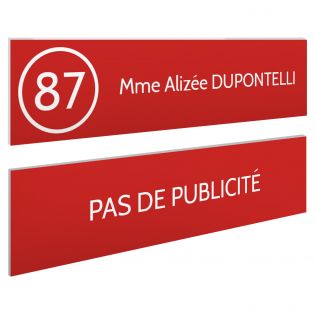 Plaque nom et numéro + Plaque Stop Pub pour boite aux lettres format 100x25mm rouge lettres blanches - 1 ligne