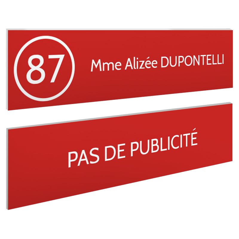 Plaque nom et numéro + Plaque Stop Pub pour boite aux lettres format 100x25mm rouge lettres blanches - 1 ligne Plaque nom et numéro + Plaque Stop Pub pour boite aux lettres format 100x25mm rouge lettres blanches - 1 ligne