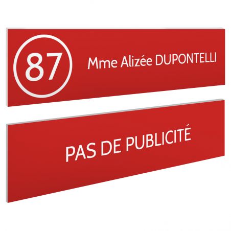 Plaque nom et numéro + Plaque Stop Pub pour boite aux lettres format 100x25mm rouge lettres blanches - 1 ligne