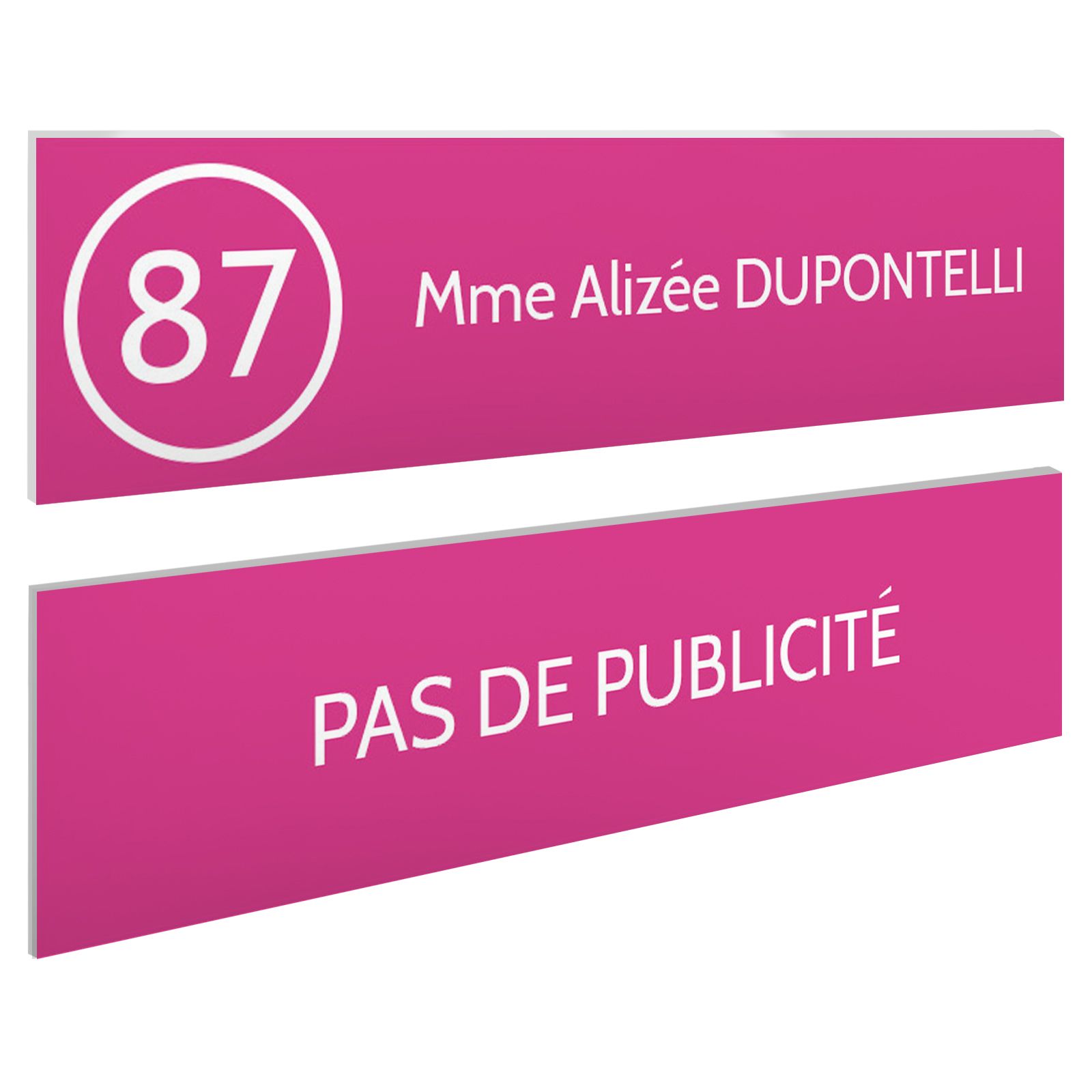 Plaque nom et numéro + Plaque Stop Pub pour boite aux lettres format 100x25mm rose lettres blanches - 1 ligne