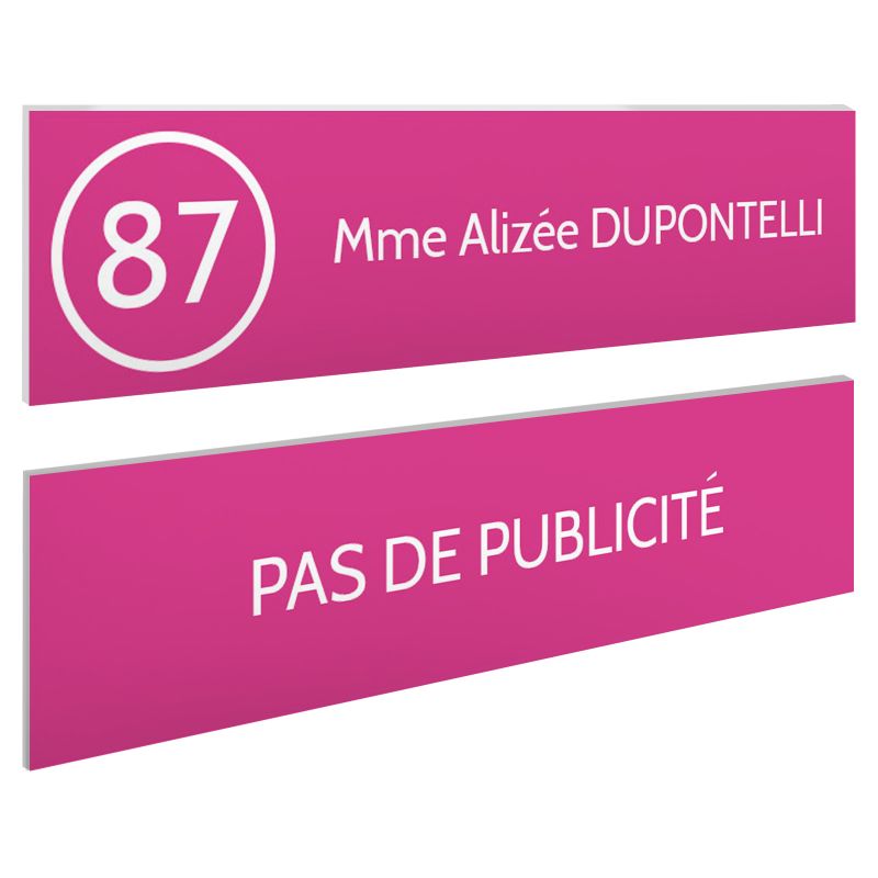 Plaque nom et numéro + Plaque Stop Pub pour boite aux lettres format 100x25mm rose lettres blanches - 1 ligne Plaque nom et numéro + Plaque Stop Pub pour boite aux lettres format 100x25mm rose lettres blanches - 1 ligne