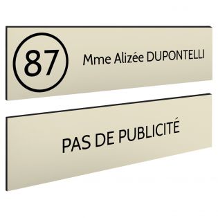 Plaque nom et numéro + Plaque Stop Pub pour boite aux lettres format 100x25mm beige lettres noires - 1 ligne