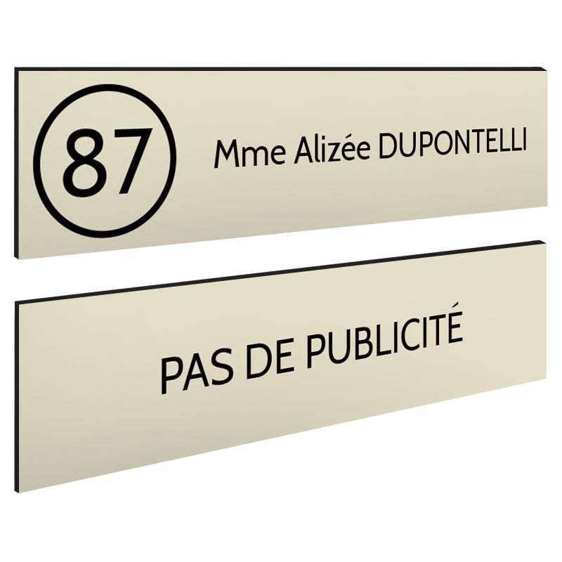 Plaque nom et numéro + Plaque Stop Pub pour boite aux lettres format 100x25mm beige lettres noires - 1 ligne Plaque nom et numéro + Plaque Stop Pub pour boite aux lettres format 100x25mm beige lettres noires - 1 ligne