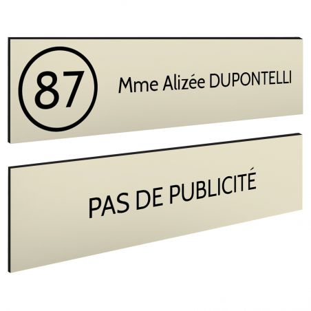 Plaque nom et numéro + Plaque Stop Pub pour boite aux lettres format 100x25mm beige lettres noires - 1 ligne
